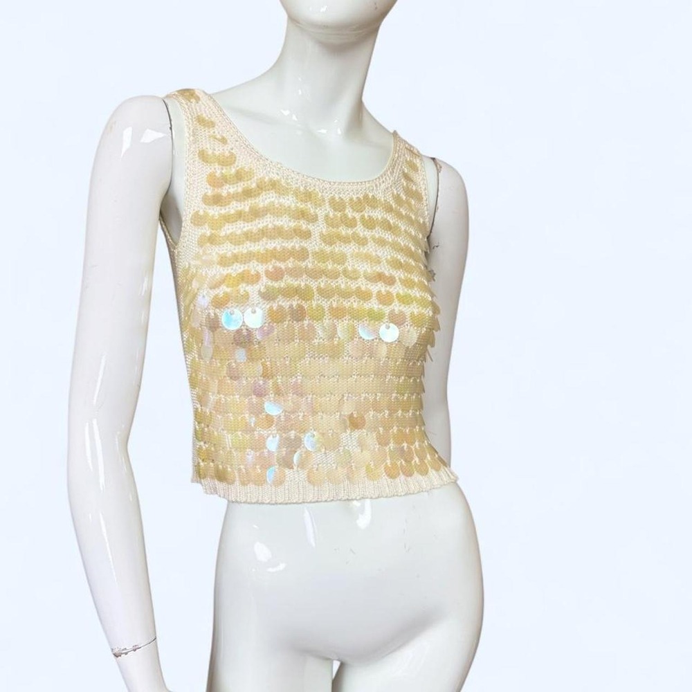 Bernini Y2K Iridescent Paillette Sequin Crochet Knit Crop Tank Top Cream S
